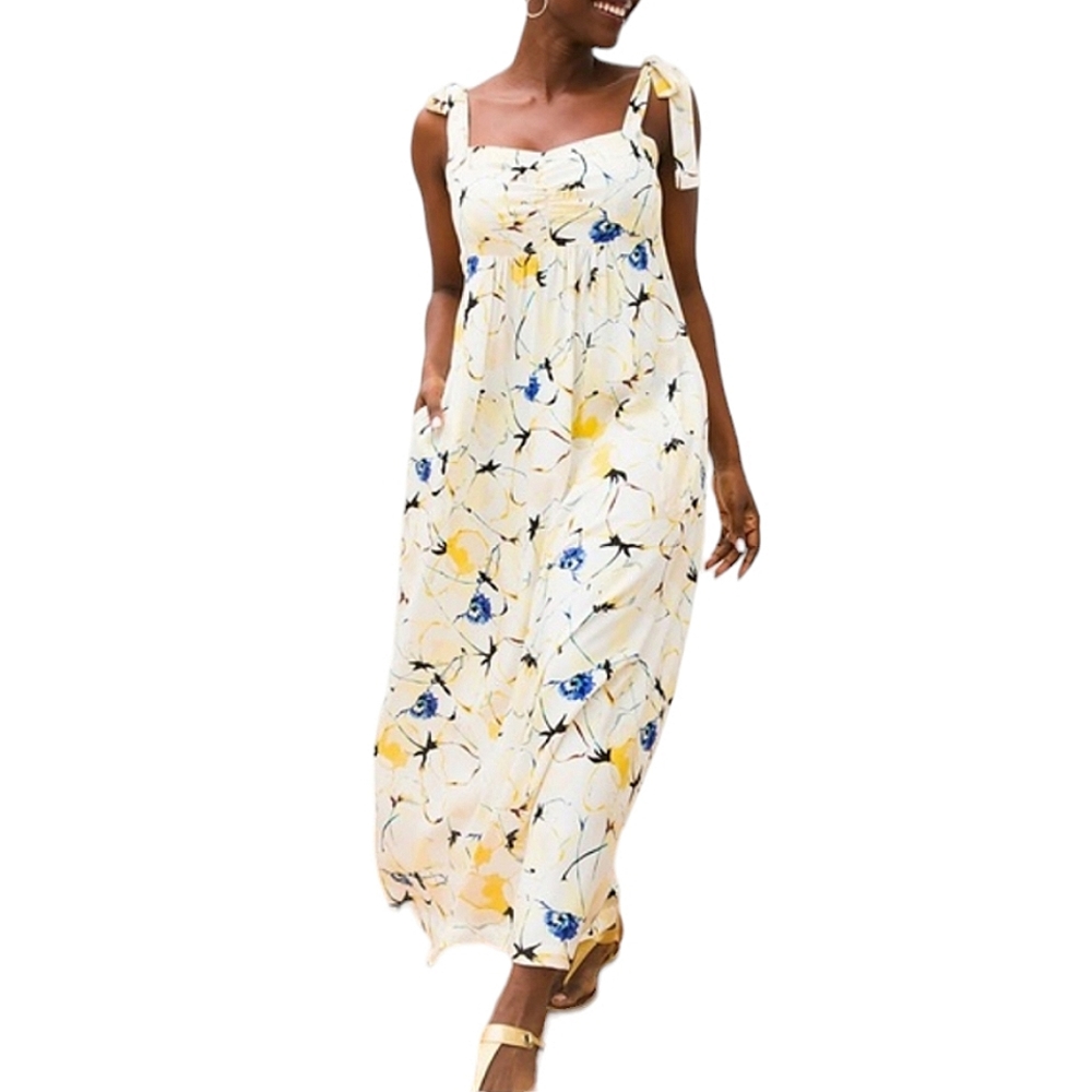 Soma Floral Tie-Shoulder Maxi Dress in Cream, Yellow & Blue